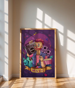 Illustration colorée sur le thème de la musique avec un personnage et des instruments