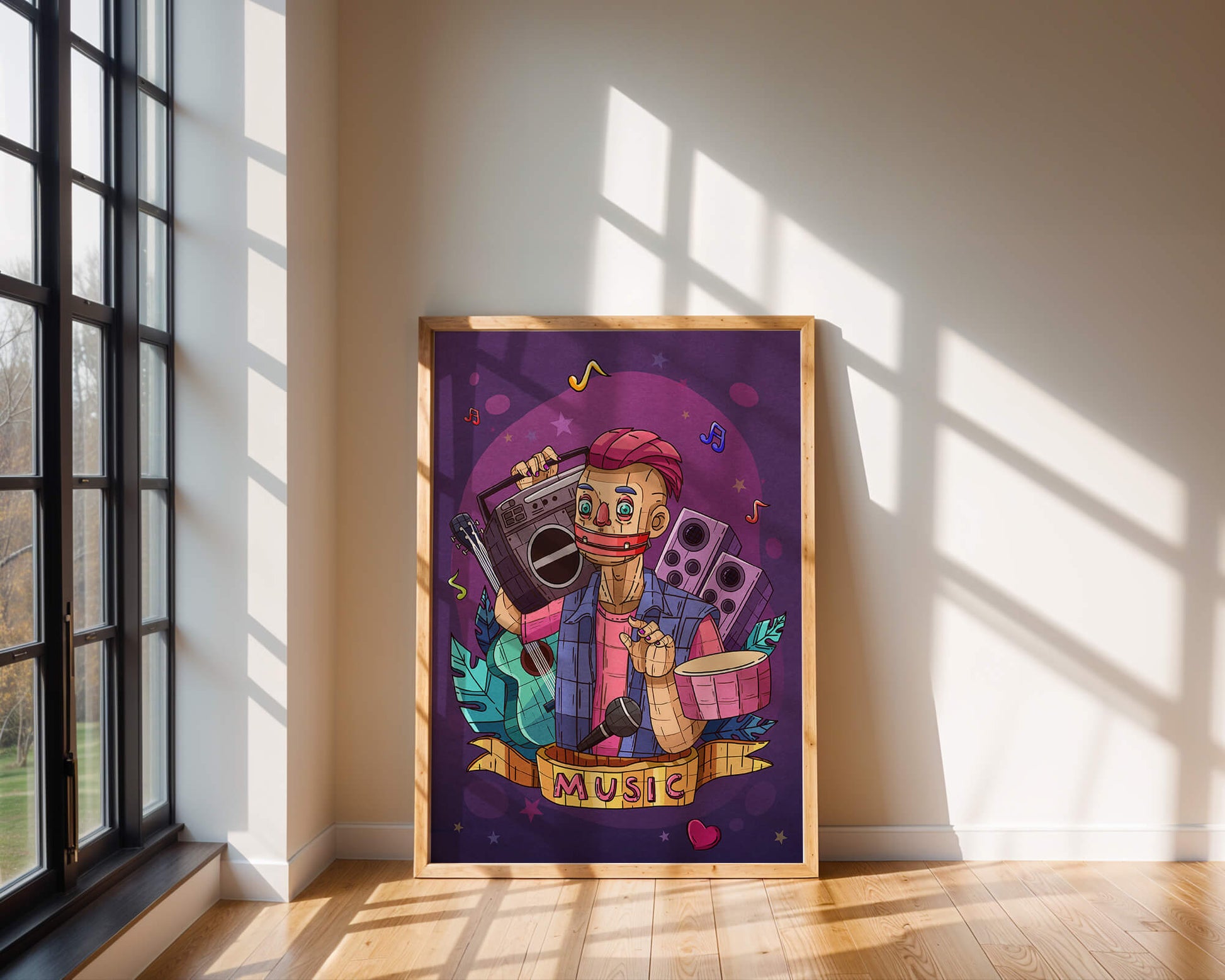 Illustration colorée sur le thème de la musique avec un personnage et des instruments