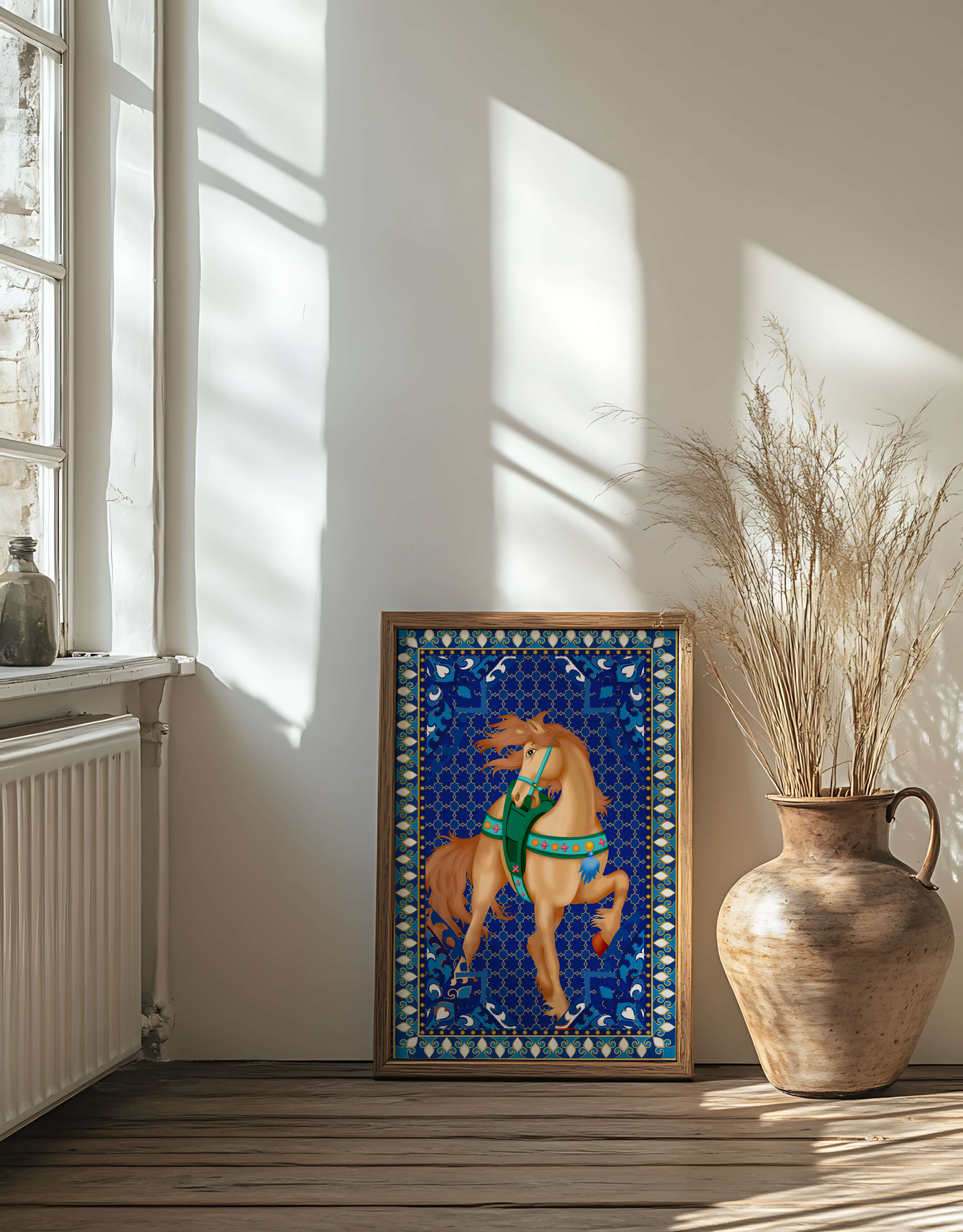 Intricate patterned horse art with a vibrant decorative border