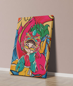 Vibrant illustration featuring a character in traditional costume with dragon elements