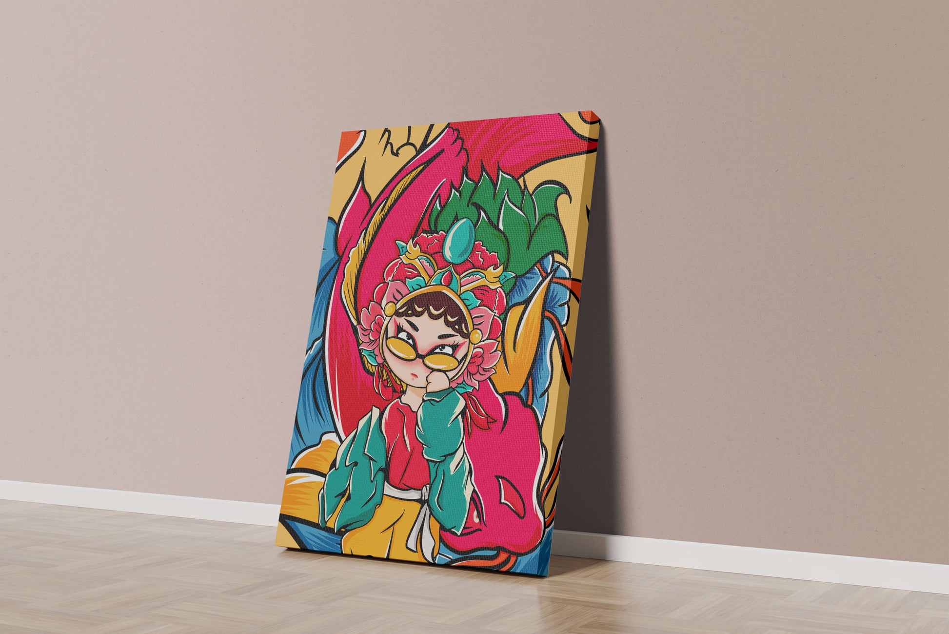 Vibrant illustration featuring a character in traditional costume with dragon elements