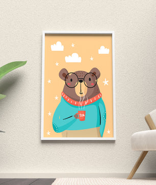 Illustration of a bear with glasses holding a tea cup against a starry background