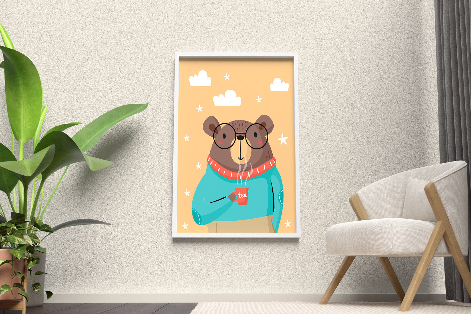 Illustration of a bear with glasses holding a tea cup against a starry background