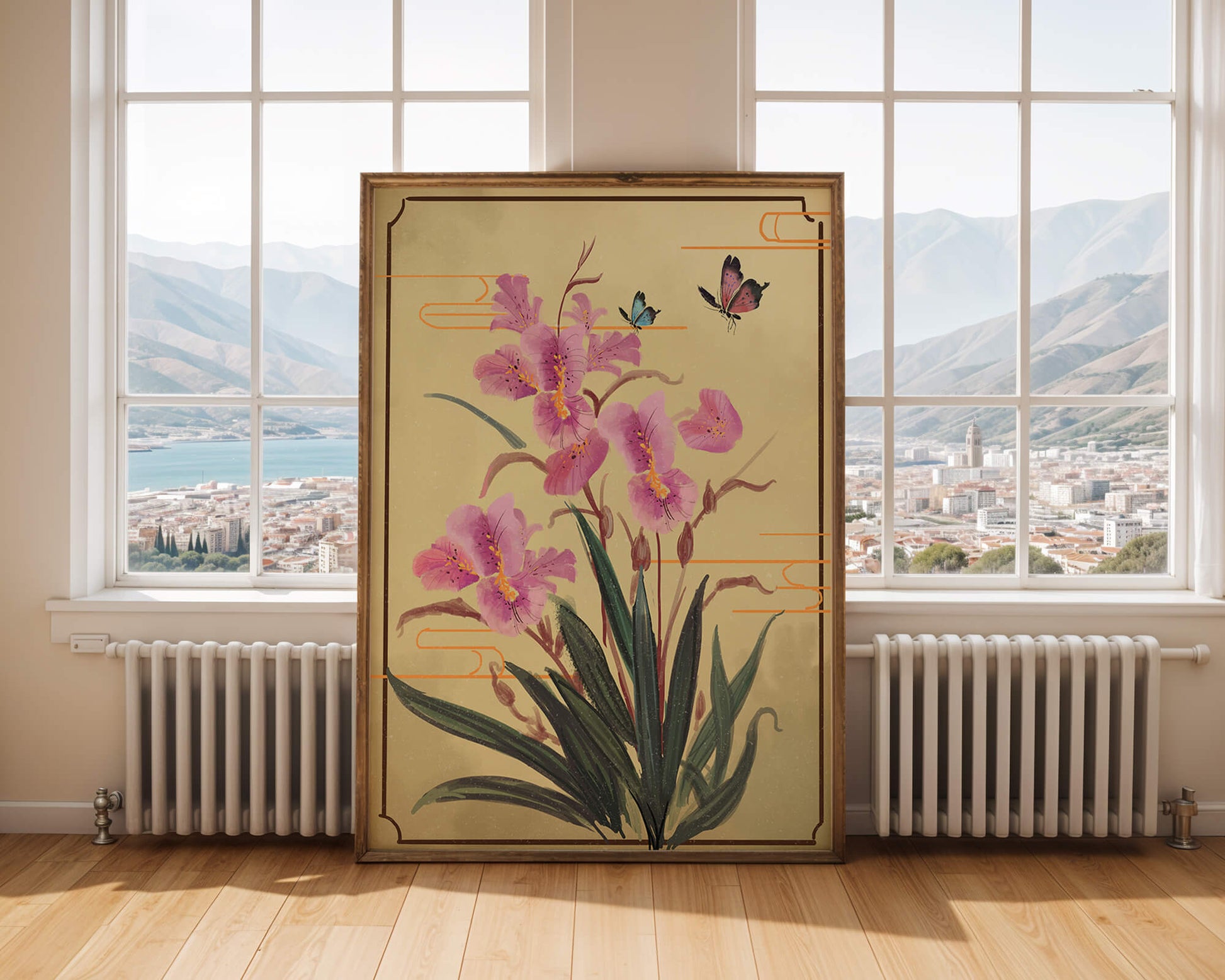 Elegant Floral Composition with Butterflies and Ornamental Background