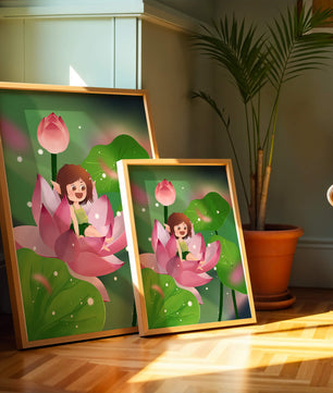 Charming fairy sitting on a blooming pink lotus in a magical garden