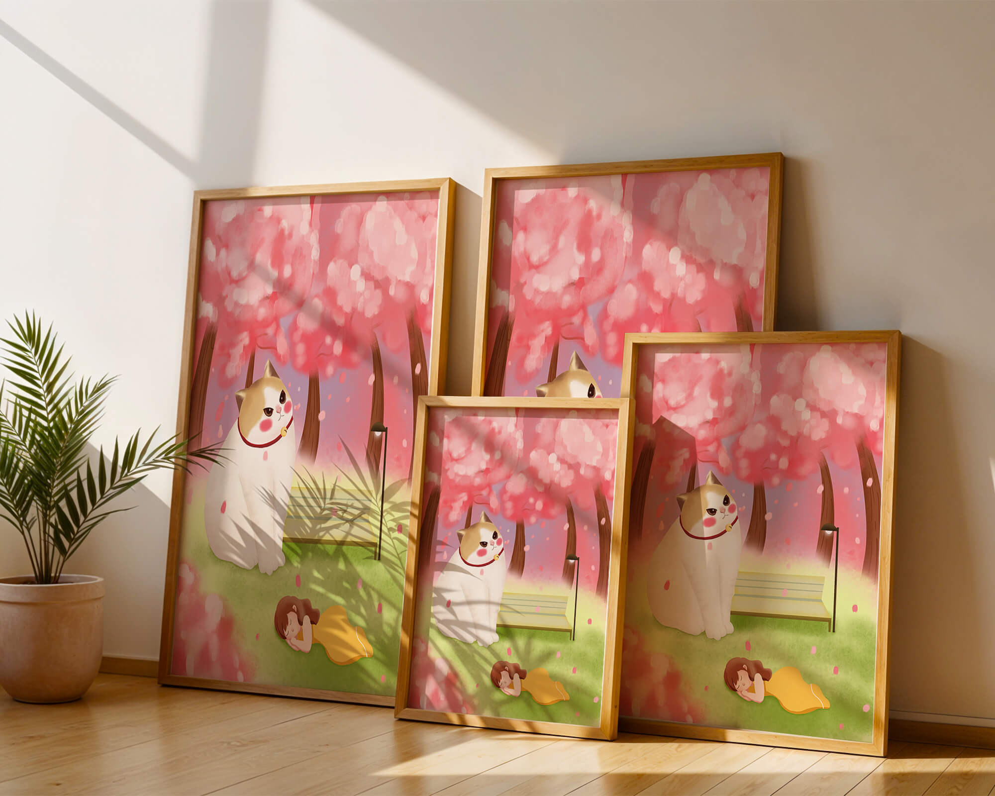 Whimsical scene with giant cat and girl under cherry blossoms