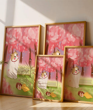 Whimsical scene with giant cat and girl under cherry blossoms