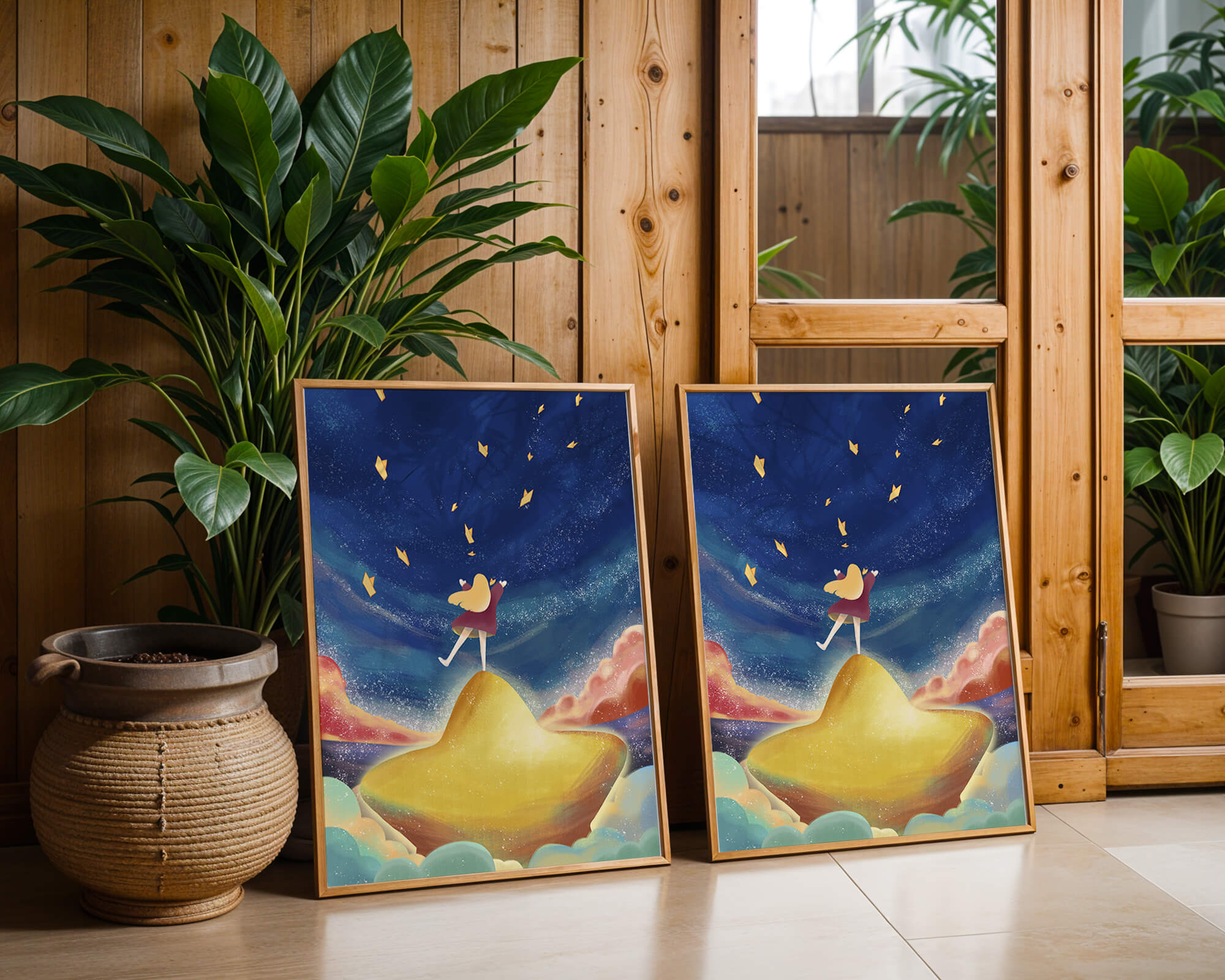 Girl standing on a golden hill reaching for stars in a dreamy night sky