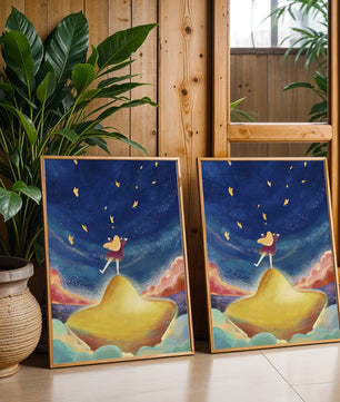 Girl standing on a golden hill reaching for stars in a dreamy night sky