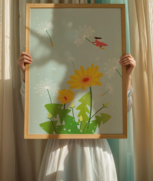Whimsical illustration of a girl flying with dandelions in a colorful floral scene
