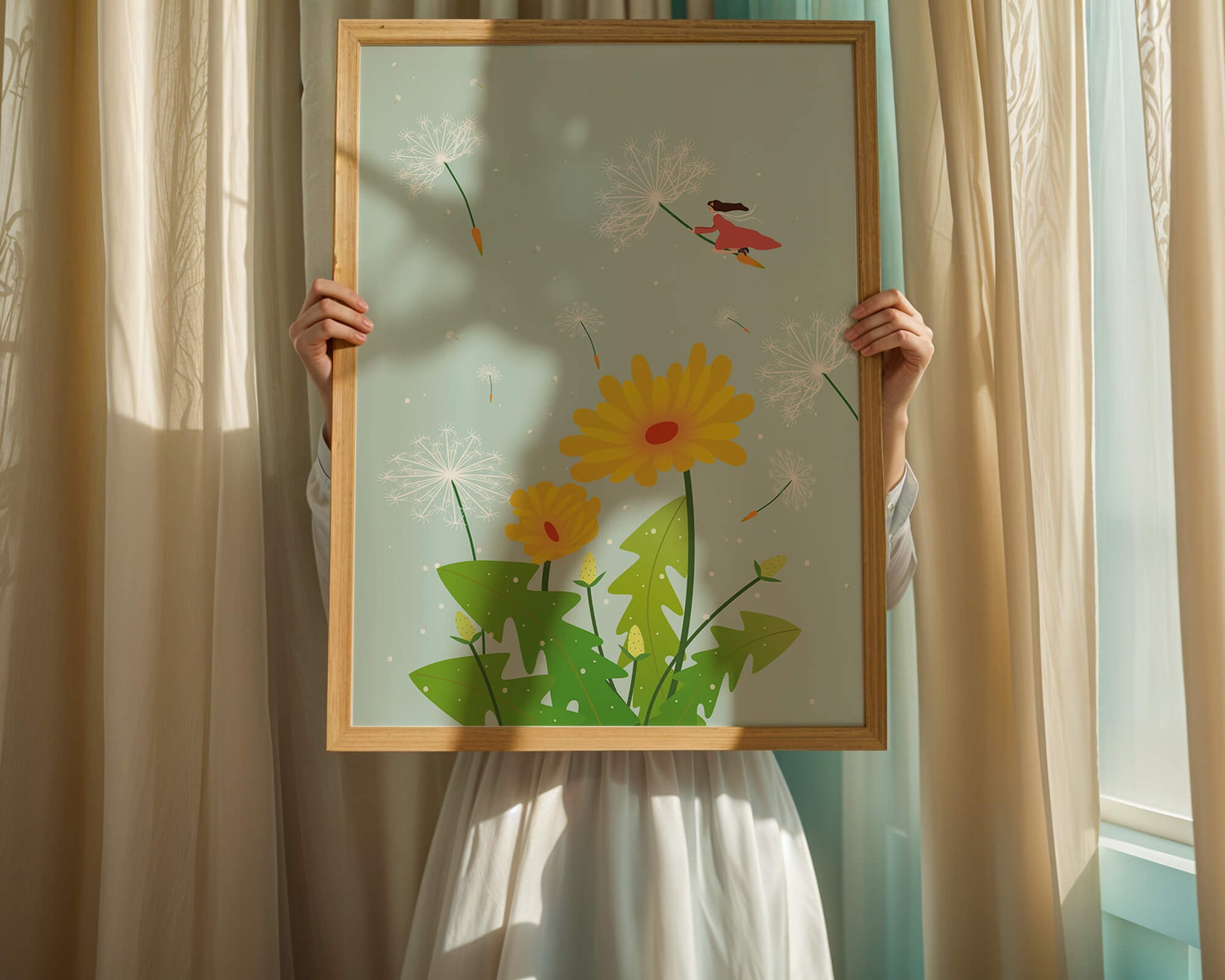 Whimsical illustration of a girl flying with dandelions in a colorful floral scene