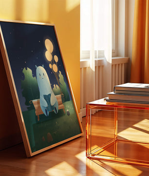 Ilustración nocturna acogedora con una criatura leyendo bajo un cielo estrellado