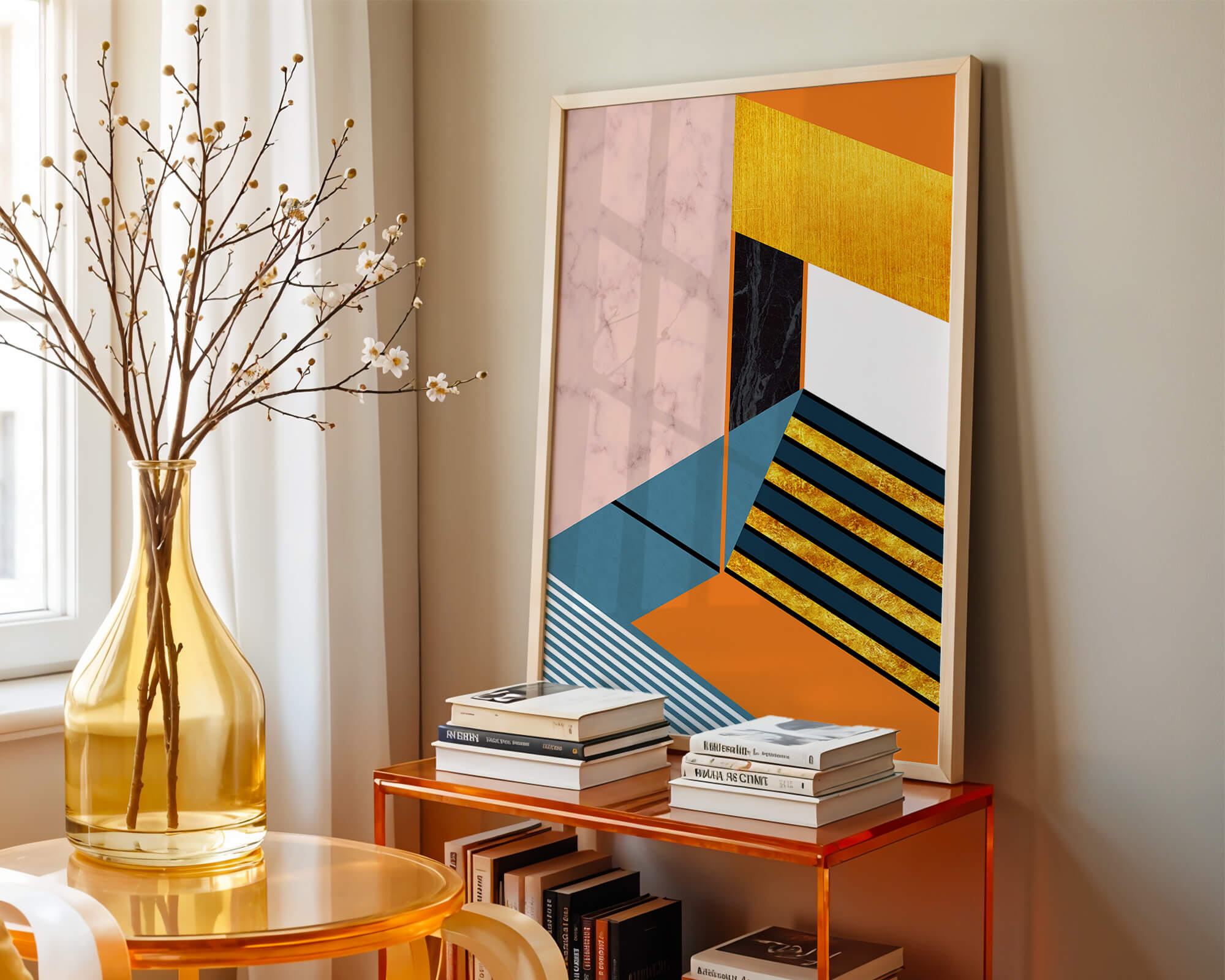Abstract geometric design with marble and gold textures