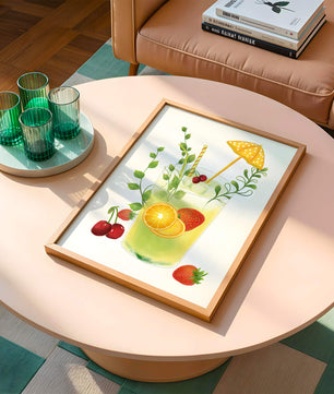 Refreshing summer drink illustration with fruits and greenery
