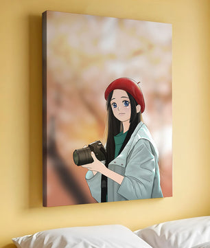 Chica de anime con boina roja sosteniendo una cámara durante el otoño