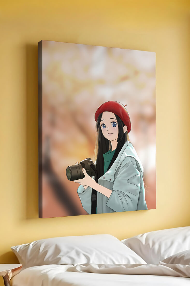Anime girl in red beret holding camera during autumn