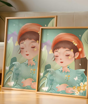 Ilustración serena de una chica en la naturaleza con flores y mariposas