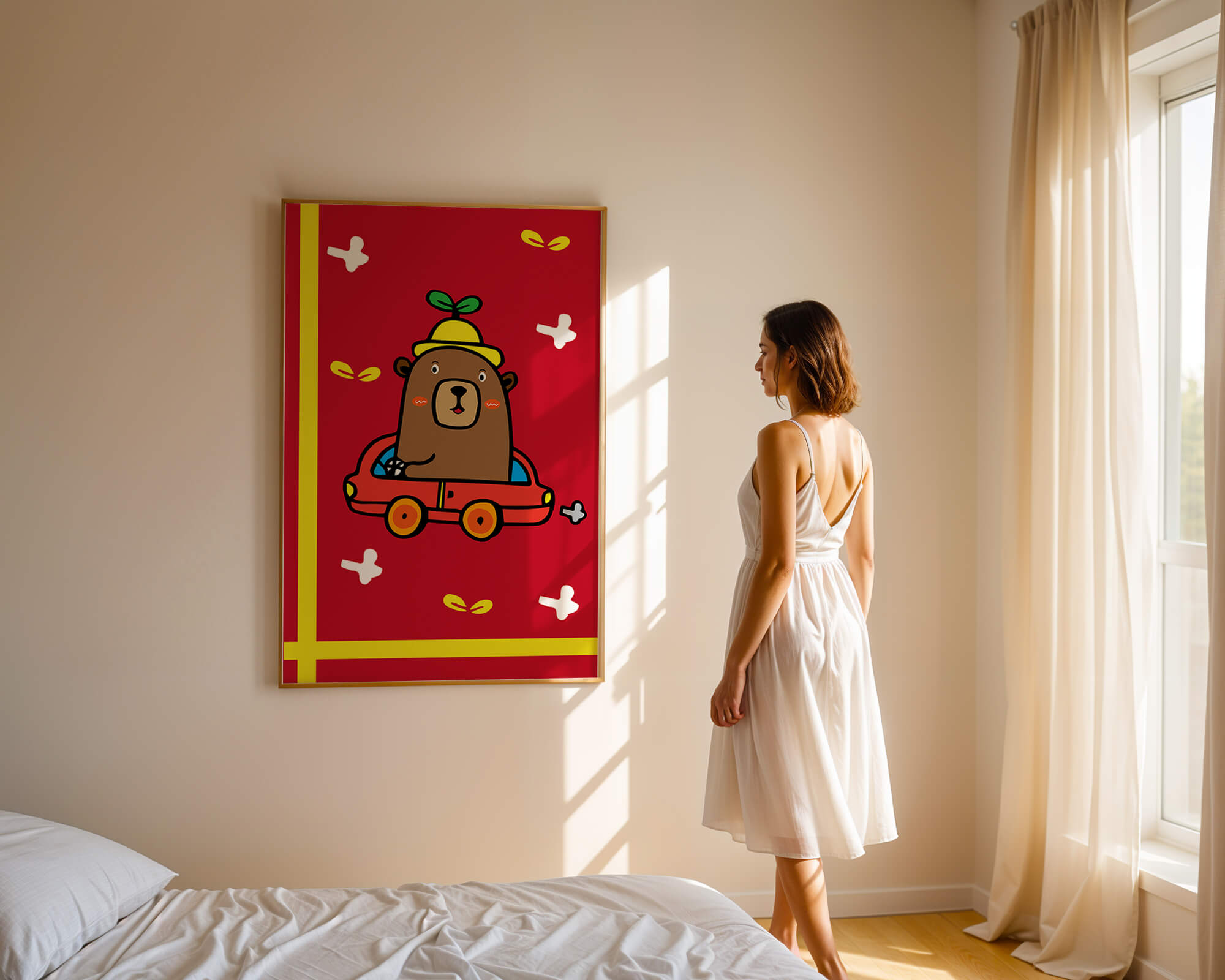 Whimsical bear driving a car on a bright red background