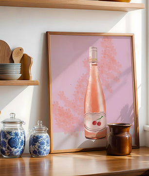 Illustrated wine bottle with a cherry label on pink background