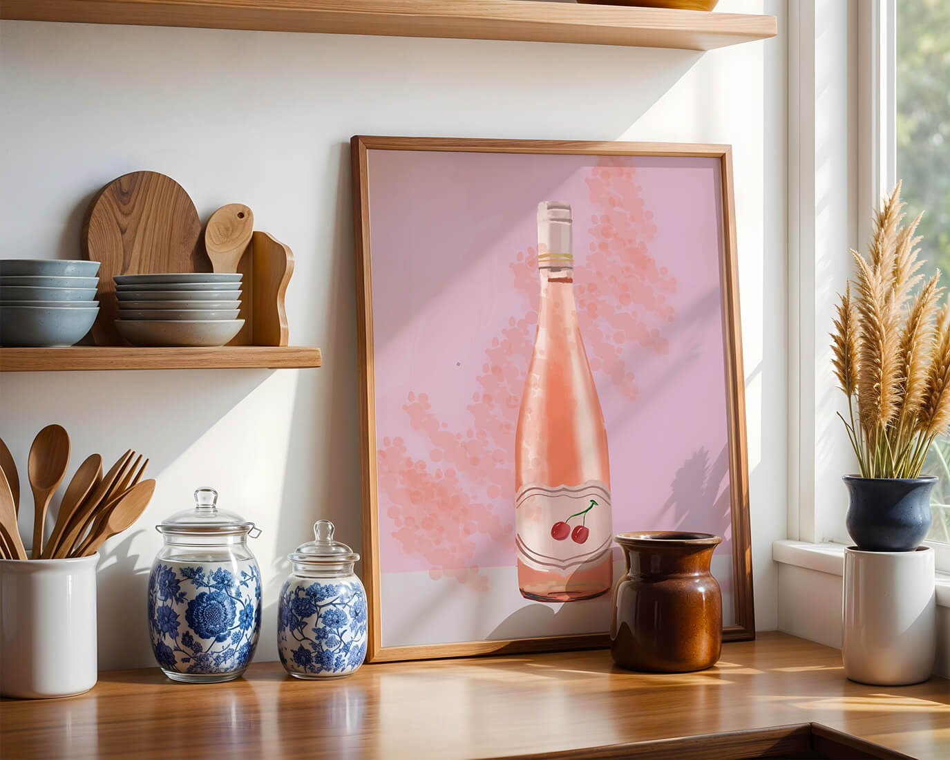 Illustrated wine bottle with a cherry label on pink background