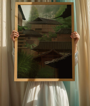 Traditional Japanese Architectural Scene with Lush Greenery