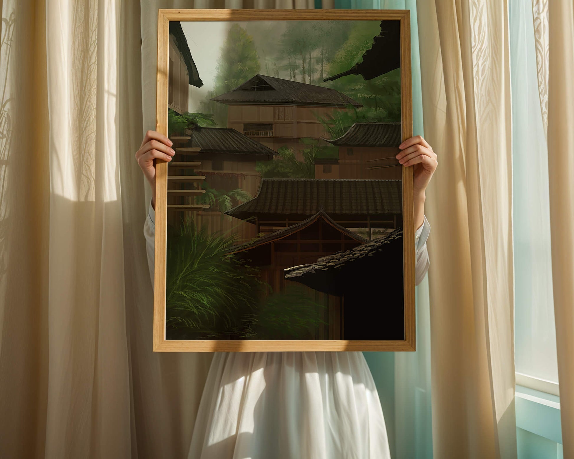 Traditional Japanese Architectural Scene with Lush Greenery