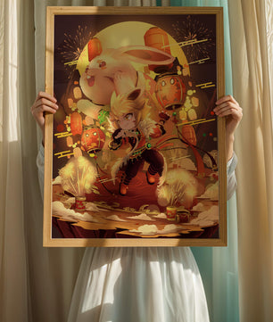 Fantasy scene with rabbit and character amid fireworks and lanterns