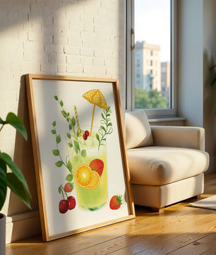 Refreshing summer drink illustration with fruits and greenery