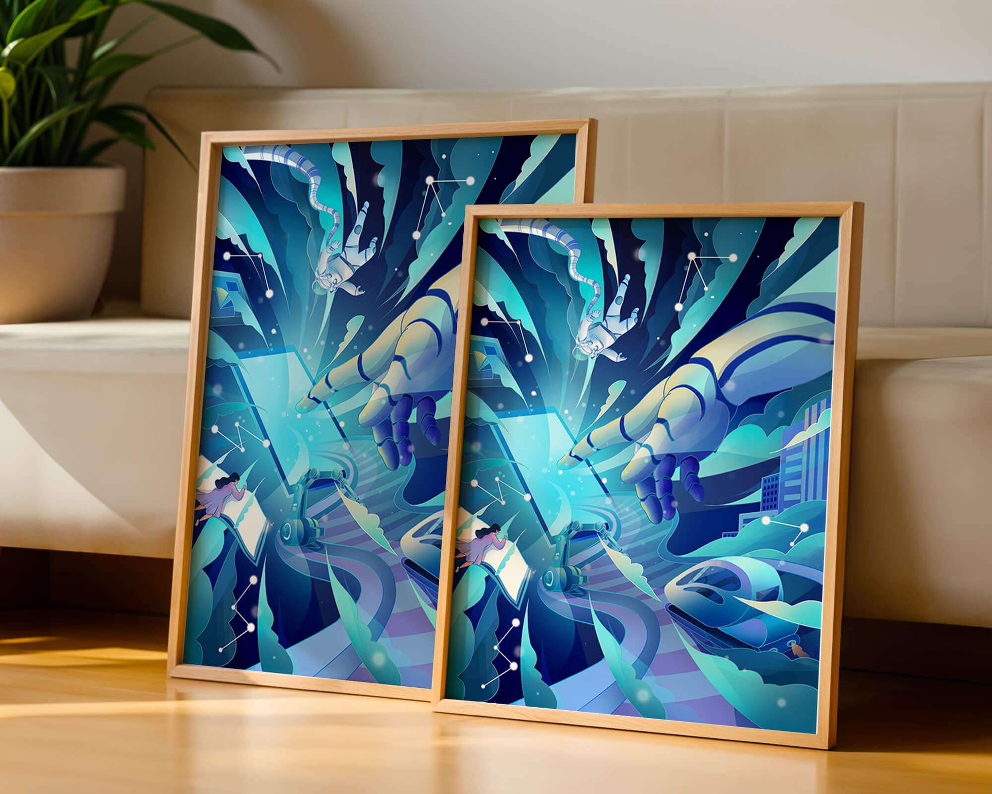 Futuristic digital artwork featuring astronaut and robotic hand in vibrant blue tones