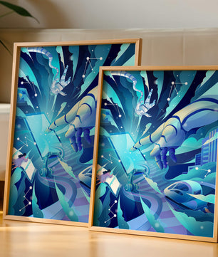 Futuristische digitale Kunst mit Astronaut und Roboterhand in lebhaften Blautönen
