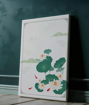 Elegante Lotus- und Koi-Fisch-Illustration mit orientalischen Designelementen