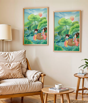Charming illustration of children on a boat in a lush lotus pond