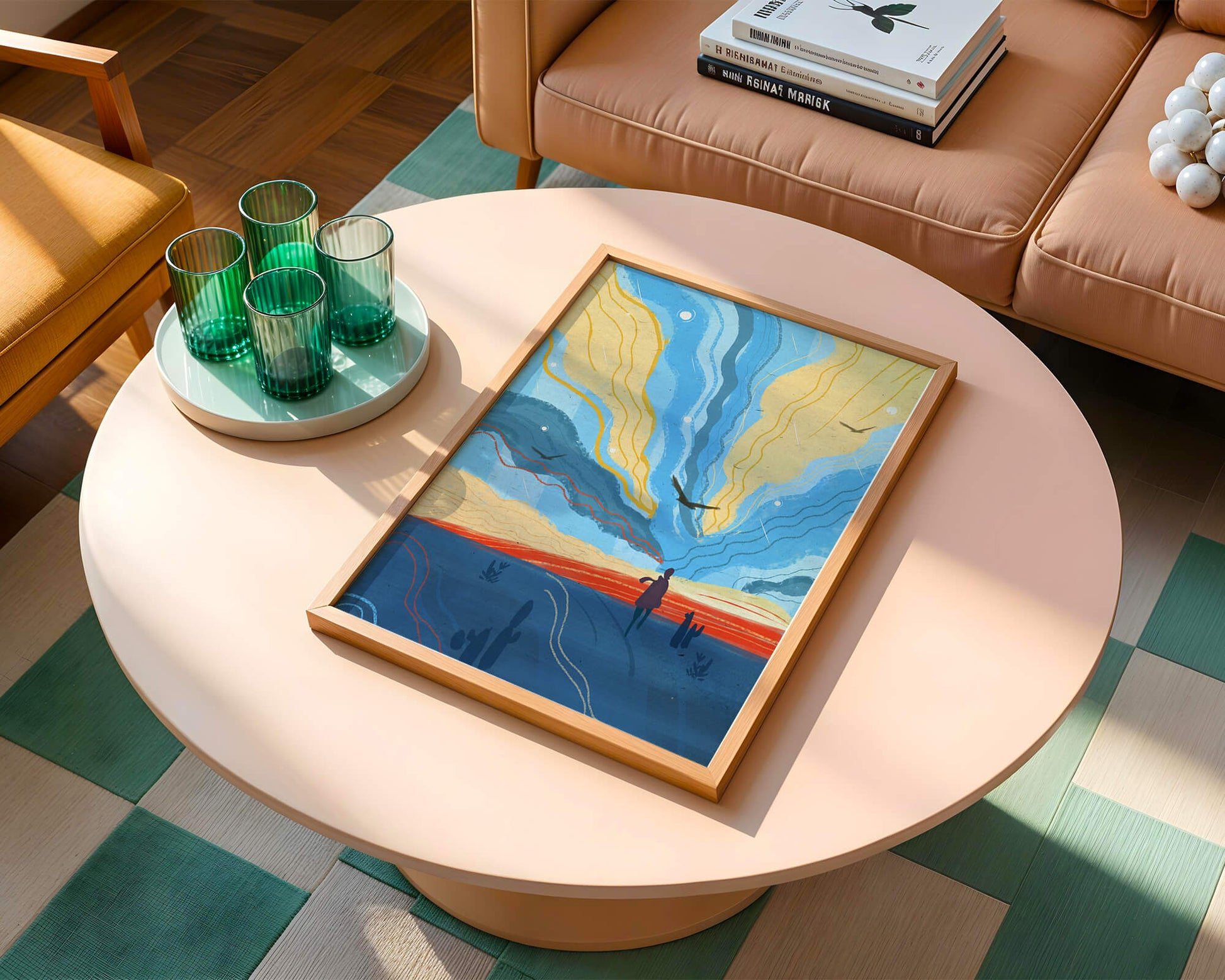 Colorful abstract landscape with figure and birds