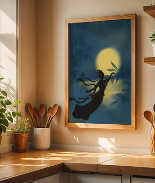 Silhouette of a Woman Reaching for Leaves in Front of a Full Moon