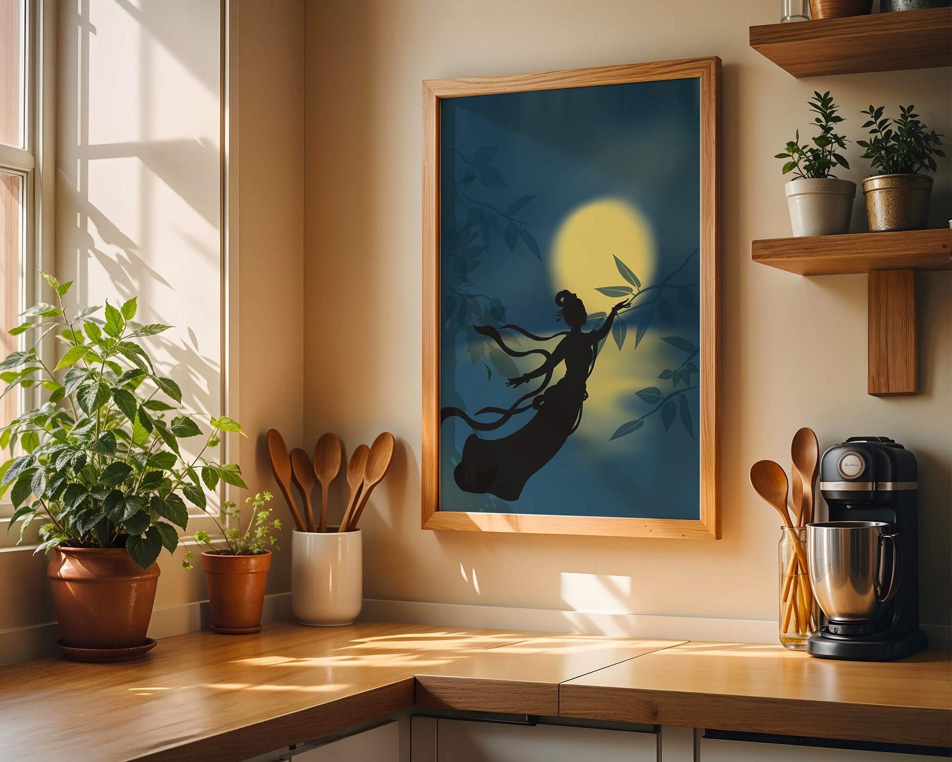 Silhouette of a Woman Reaching for Leaves in Front of a Full Moon