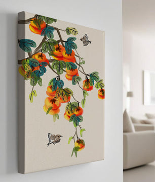 Branch with vibrant persimmons and birds illustration
