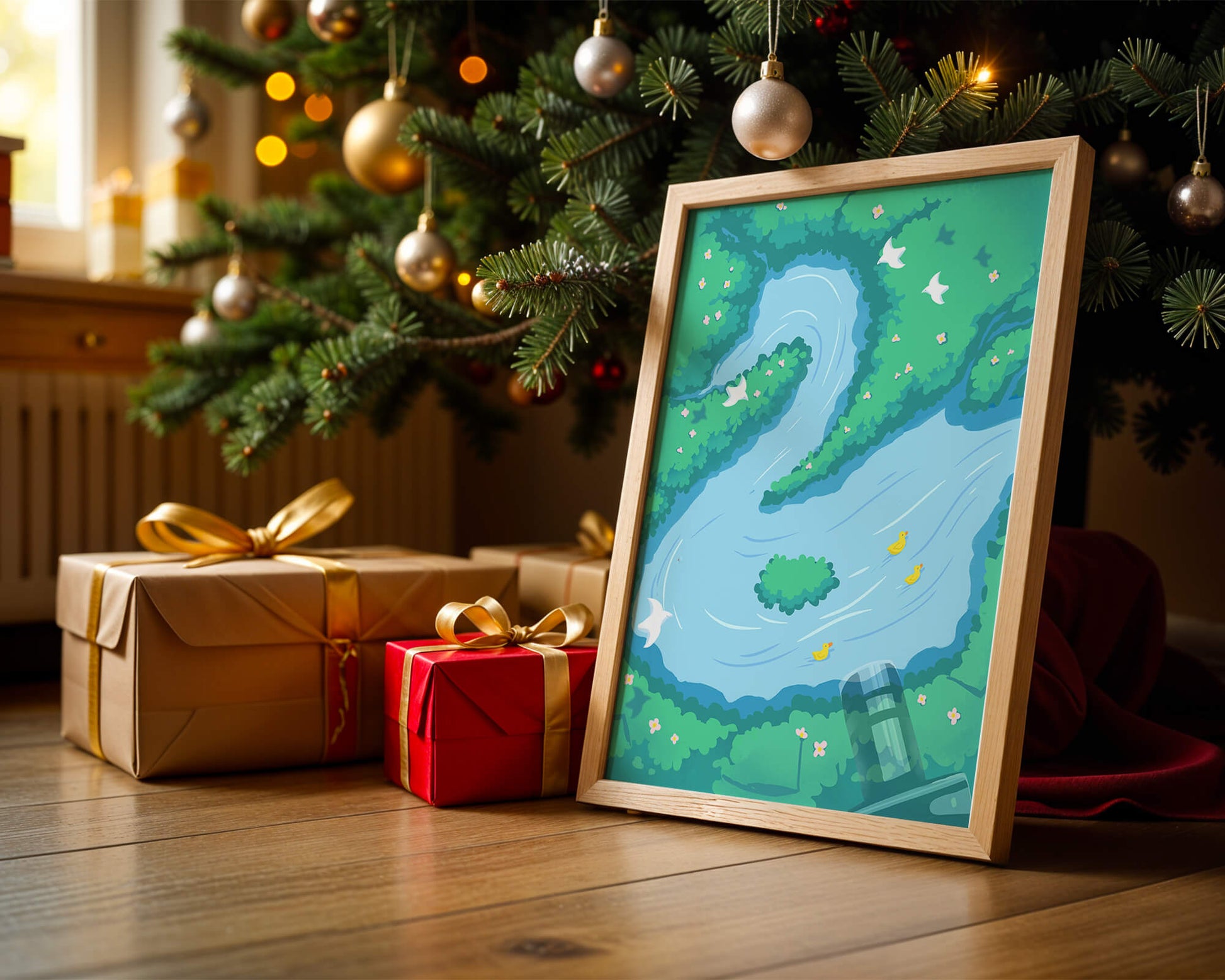 Río sereno con patos y aves en un paisaje exuberante