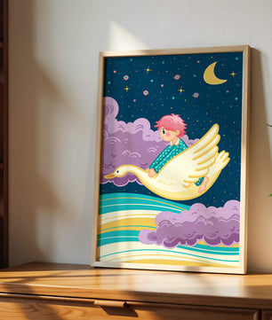 Child flying on a goose through a magical night sky illustration