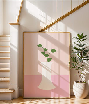Simple Minimalist Illustration of a White Vase with Green Leaves on a Pink Background - Mi tienda