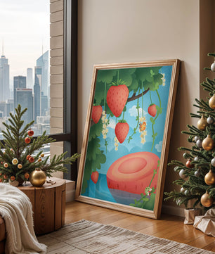 Illustrated strawberries in a whimsical garden setting