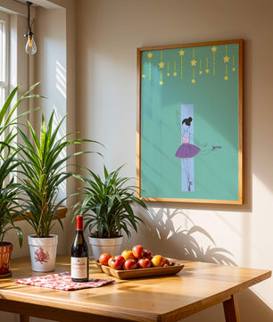 Elegant ballerina illustration with stars on a teal background