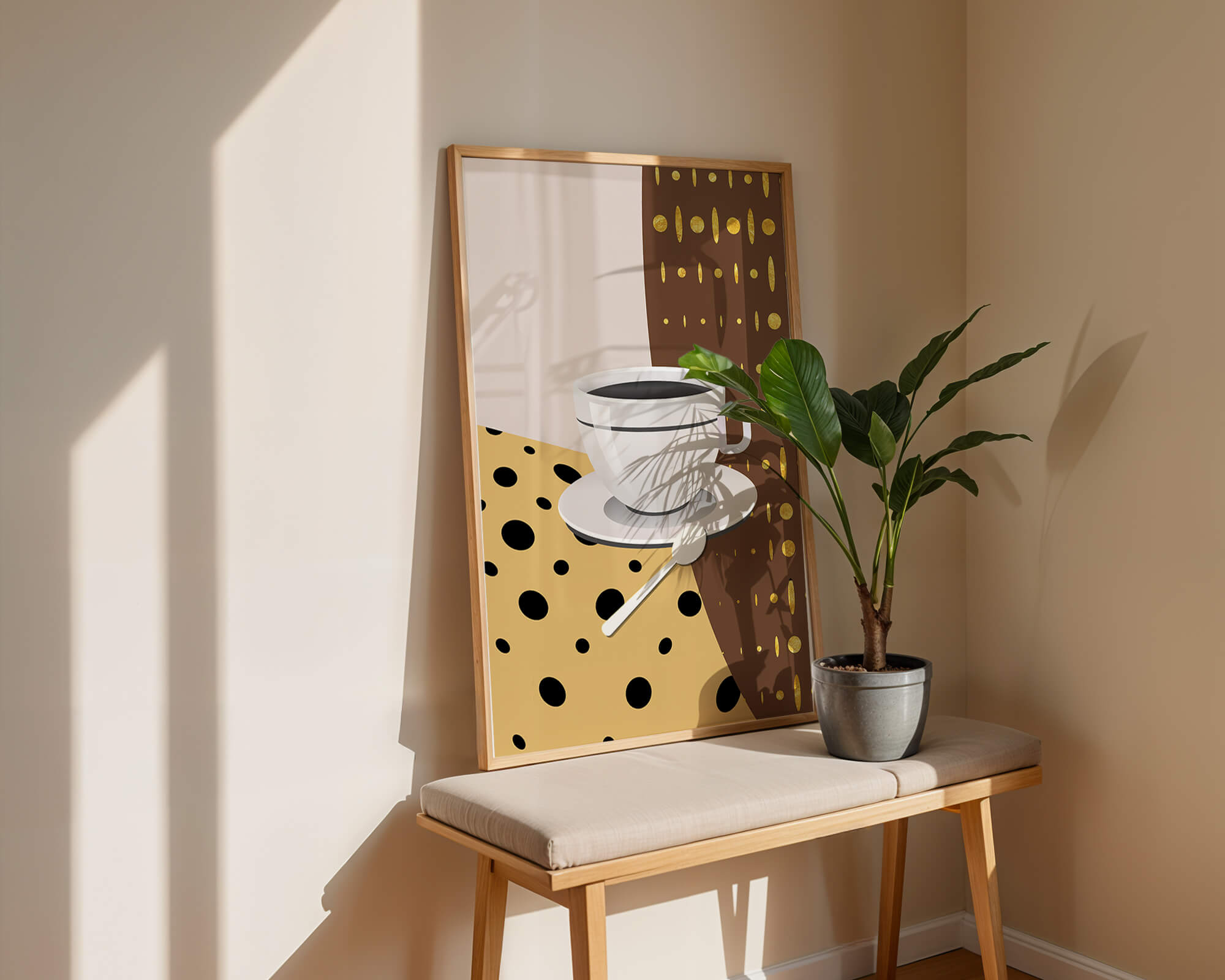 Contemporary Coffee Art with Geometric Patterns and Gold Accents - Mi tienda