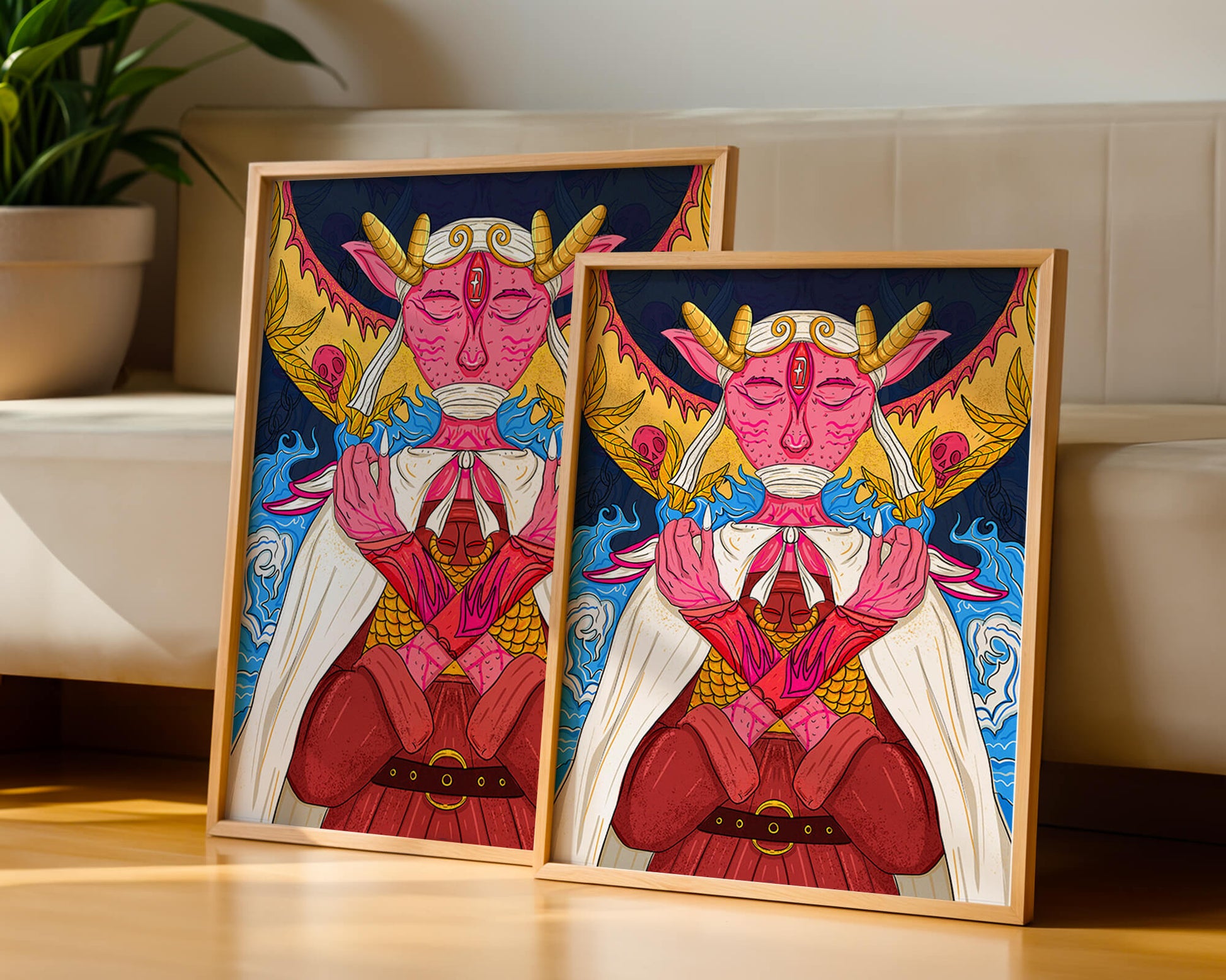 Surreal illustration of a mystical creature with golden horns and vibrant elements