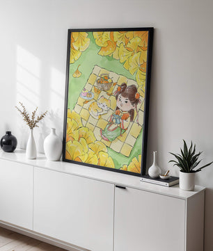 Charming autumn picnic scene with girl and cat surrounded by ginkgo leaves
