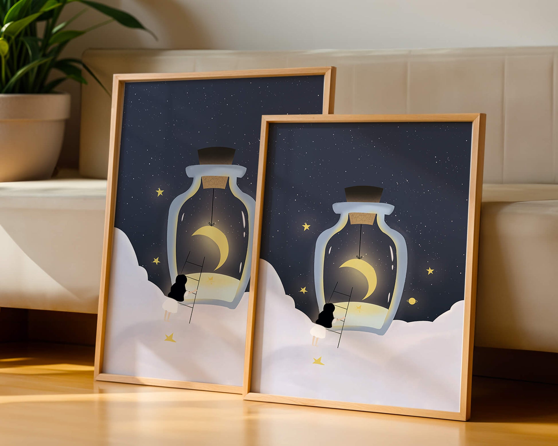 Fantasy Scene with Girl and Moon in a Bottle