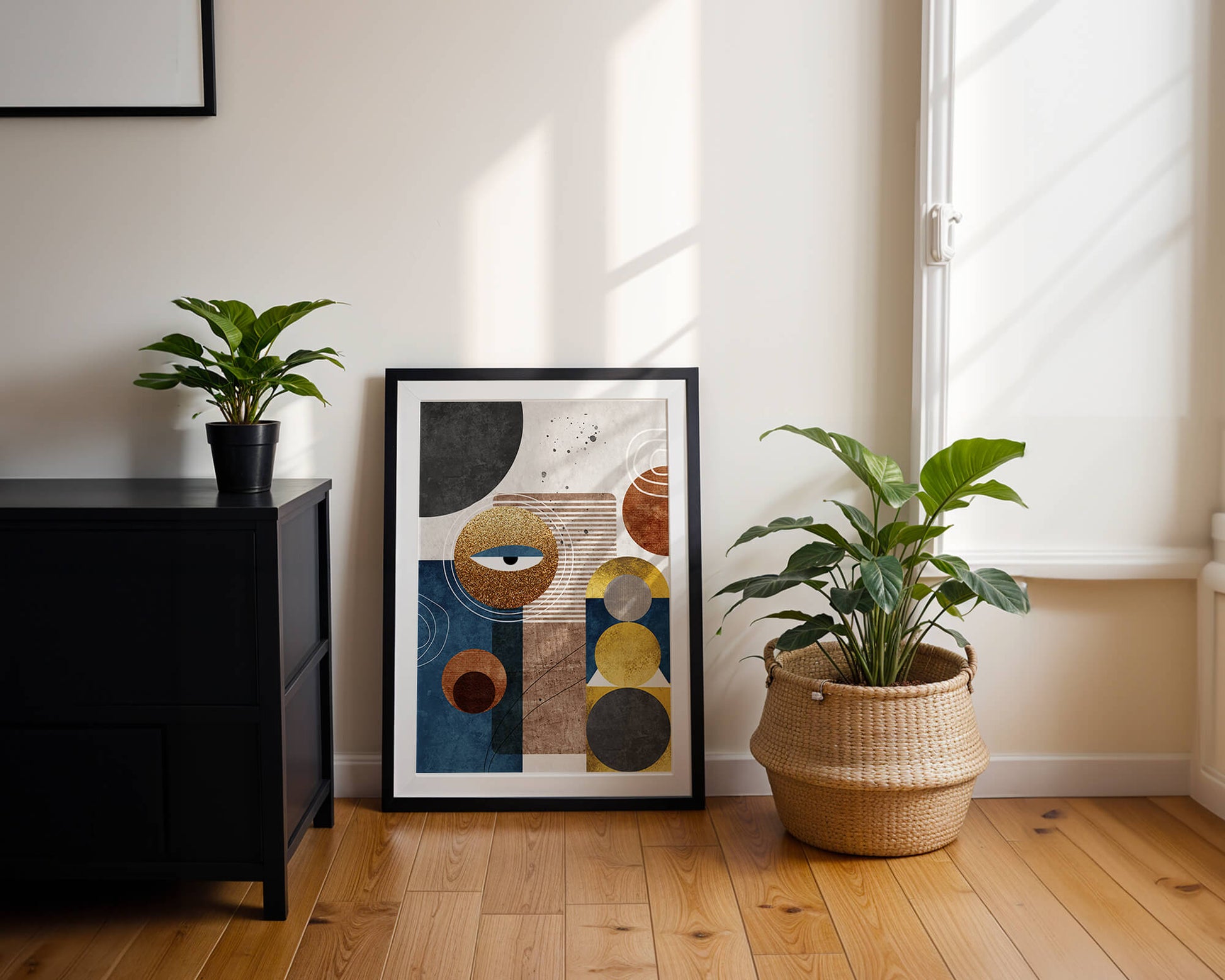 Abstract geometric artwork with gold and blue elements
