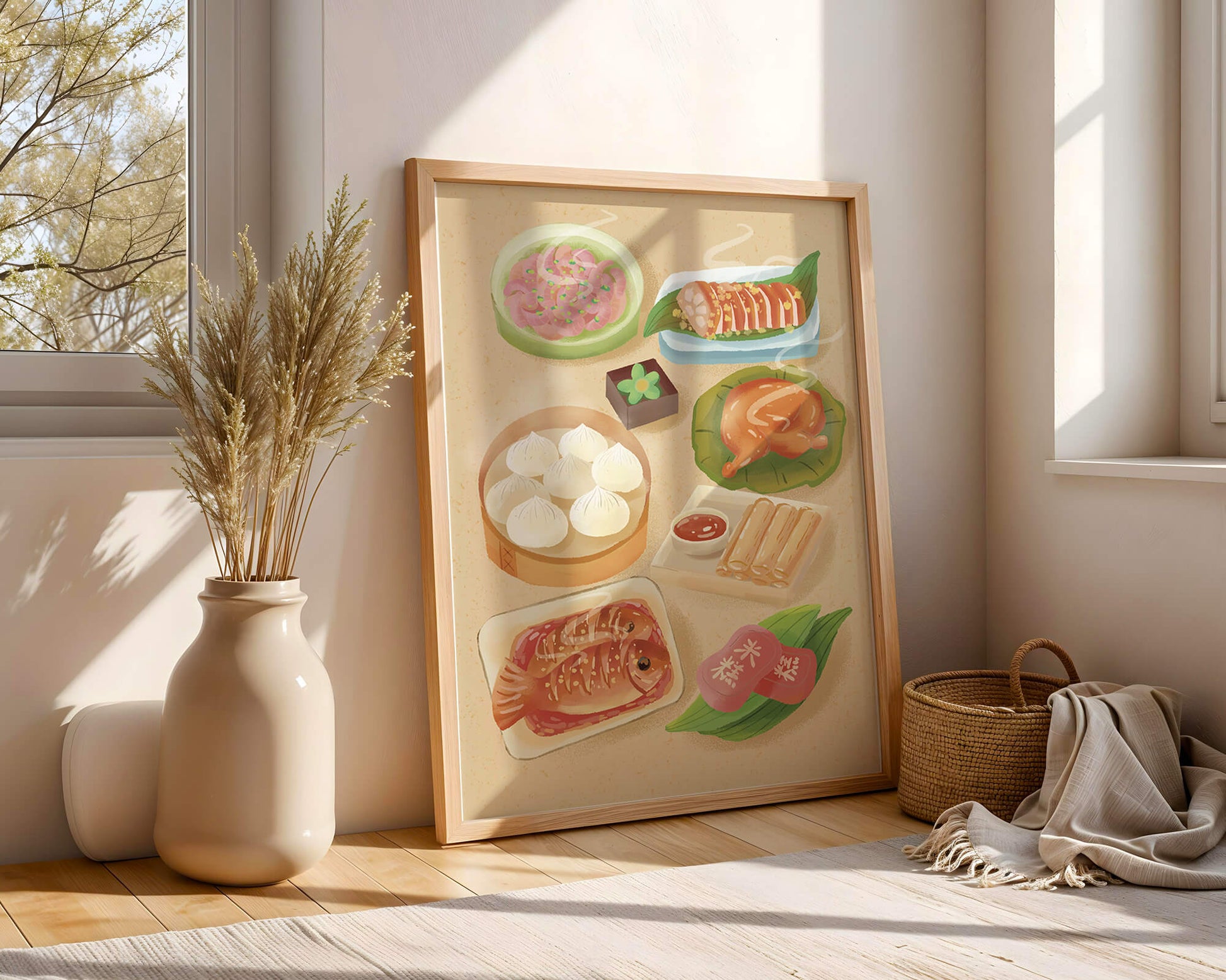 Colorful Representation of Asian Cuisine with Various Dishes