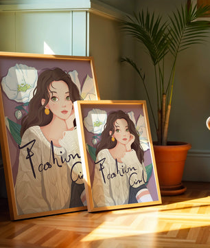 Illustrated fashion girl with floral background and purple theme