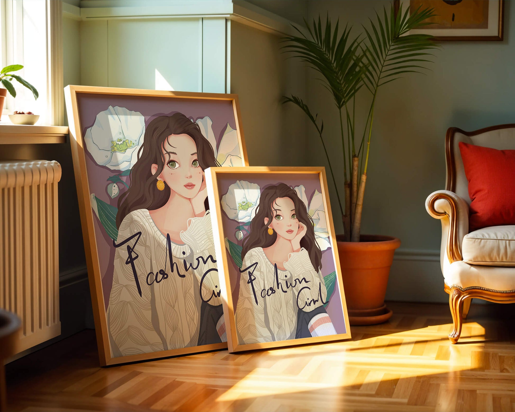 Illustrated fashion girl with floral background and purple theme