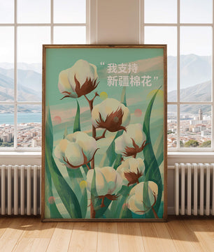 Ilustración de plantas de algodón con texto de apoyo en chino